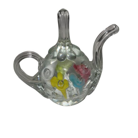 JOE ST CLAIR GLASS TEA POT RING HOLDER PAPERWEIGHT vanity jewelry multicolor - Picture 1 of 3